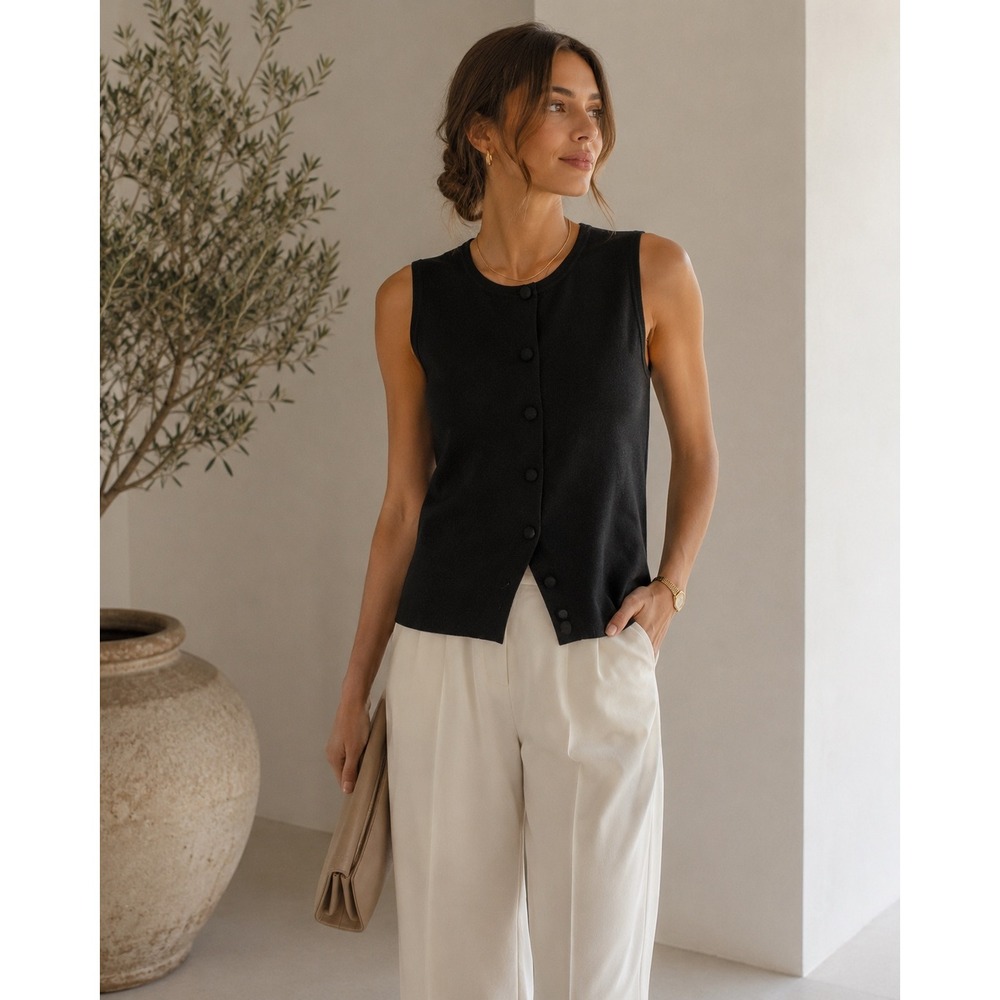 Nine West Mineral Black Sleeveless Button Front Knit Cardigan Vest WW6US100RS L